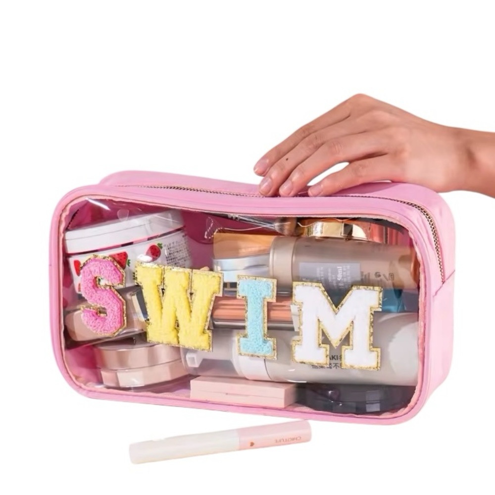 Pink “SWIM” Transparent Cosmetic Bag - Patched Lettering